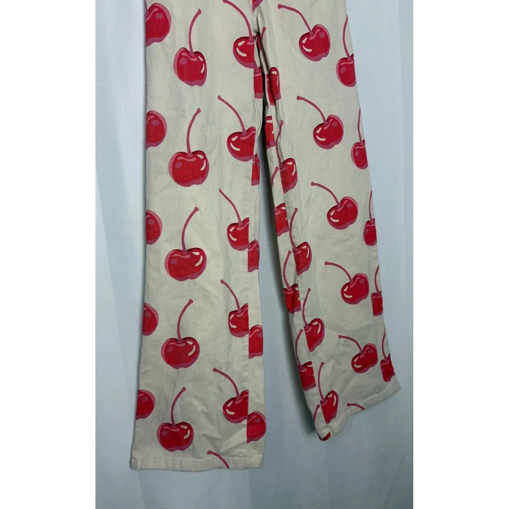 Women's Cream Red Cherry Fruitcore Wide Leg Pants Size S Kidcore Statement
